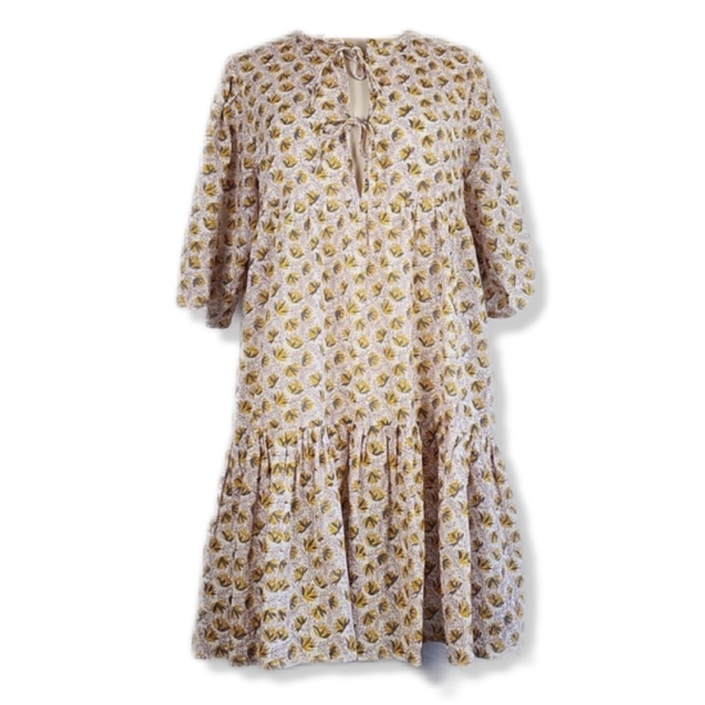 Shade Amour 100% Cotton Tiered Floral Print Tie Front Short Sleeve Mini Dress L